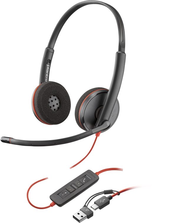 POLY Auriculares estéreo USB-C Blackwire 3220 + adaptador USB-C/A (a granel)