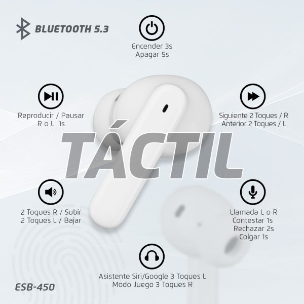 Vorago ESB-450-WH auricular y casco Auriculares Inalámbrico Dentro de oído Llamadas/Música USB Tipo C Blanco - Imagen 3
