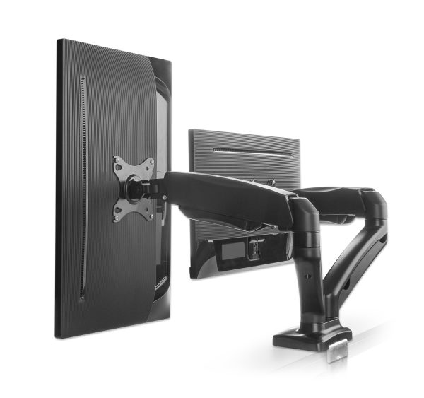 Manhattan Los brazos articulados sujetan dos monitores de 17" a 32" de hasta 9 kg cada uno; ajustes de altura, inclinación, giro y rotación de movimiento completo; instalación con abrazadera en C o pasacables; negro - Imagen 3