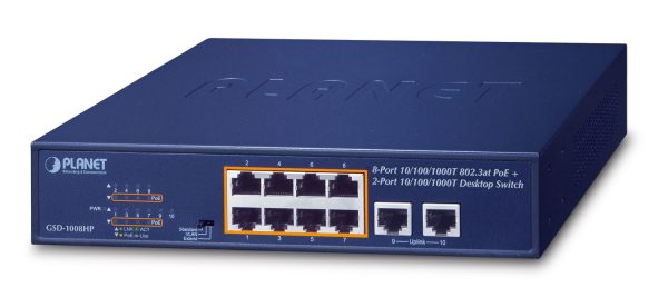 PLANET GSD-1008HP dispositivo de redes No administrado Gigabit Ethernet (10/100/1000) Energía sobre Ethernet (PoE) 1U Azul - Imagen 2