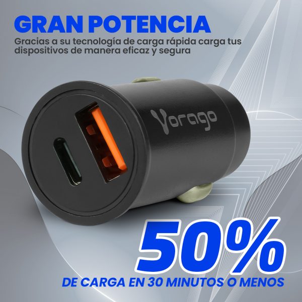 Vorago CARGADOR PARA AUTO AU-305-BK TIPO C PD 20W Y USB A QUICK CHARGE 3.0 NEGRO - Universal Carga rápida - Imagen 3