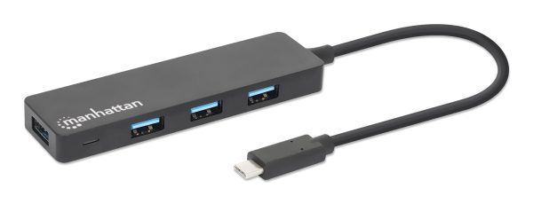 Manhattan Hub USB 3.2 Gen 1 de 4 puertos USB-A USB 3.2 Gen 1, de Tipo-C macho a 4 conectores Tipo A hembra, velocidad de transferencia hasta 5 Gbps, energía por medio del bus, negro