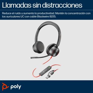 Poly Auriculares estéreo Blackwire 8225 con certificación Microsoft Teams USB-C + Adaptador USB-C/A