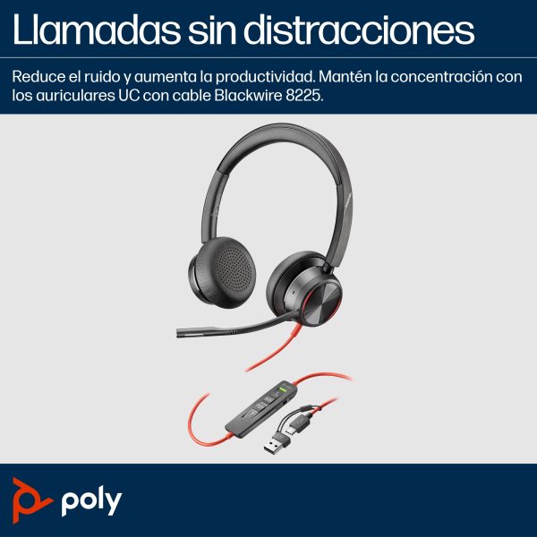 Poly Auriculares estéreo Blackwire 8225 con certificación Microsoft Teams USB-C + Adaptador USB-C/A