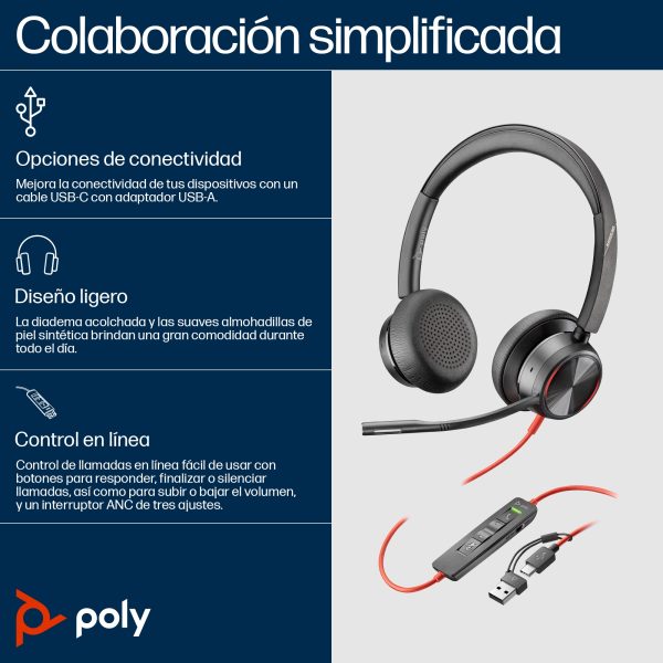 Poly Auriculares estéreo Blackwire 8225 USB-C + Adaptador USB-C/A - Imagen 2