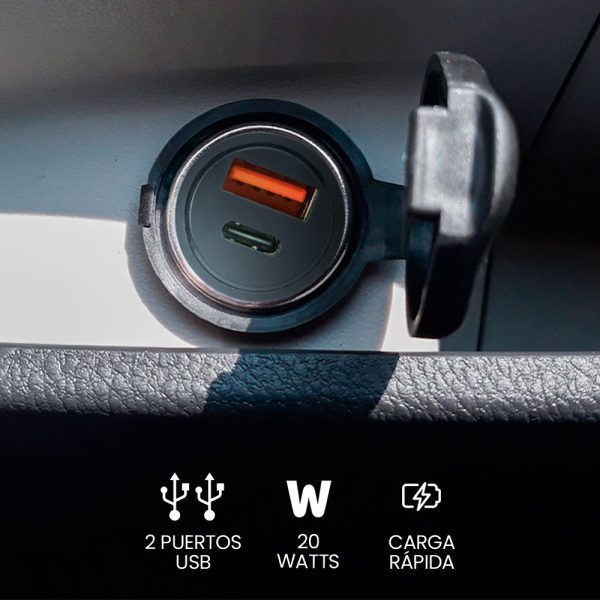 Vorago CARGADOR PARA AUTO AU-305-BK TIPO C PD 20W Y USB A QUICK CHARGE 3.0 NEGRO - Universal Carga rápida - Imagen 2