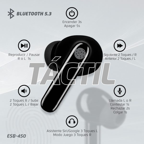 Vorago ESB-450-BK auricular y casco Auriculares Inalámbrico Dentro de oído Llamadas/Música USB Tipo C Negro - Imagen 3