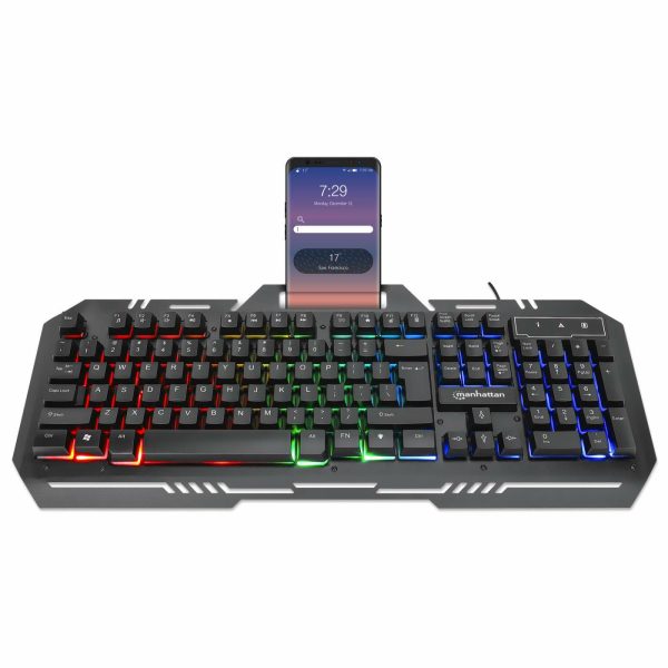 Manhattan Teclado Gaming LED con pánel metálico para celular 12 teclas de función, Conexión USB, Teclado en Español con retroiluminación Rainbow-LED (multicolor), soporte para teléfono, IPX4 (resistente a salpicaduras), negro - Imagen 3