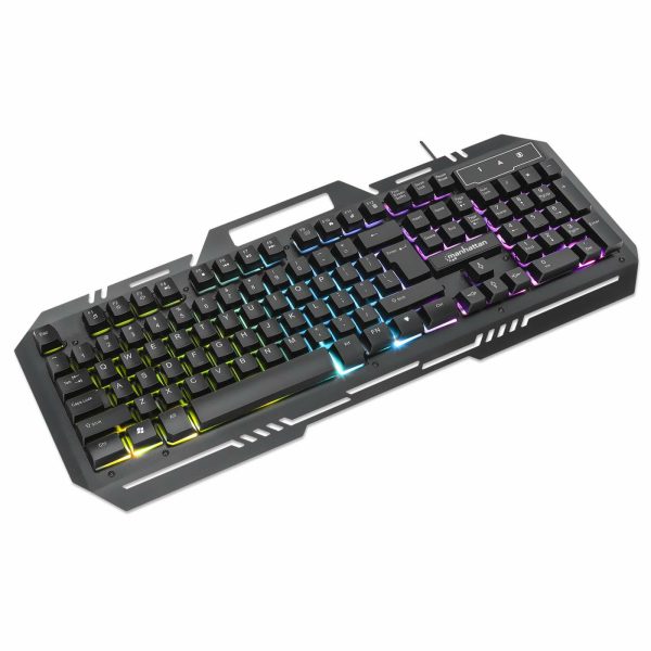 Manhattan Teclado Gaming LED con pánel metálico para celular 12 teclas de función, Conexión USB, Teclado en Español con retroiluminación Rainbow-LED (multicolor), soporte para teléfono, IPX4 (resistente a salpicaduras), negro - Imagen 2