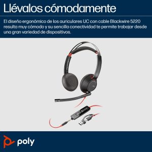 POLY Auriculares estéreo Blackwire 5220 + conector de 3,5 mm + adaptador USB-C/A