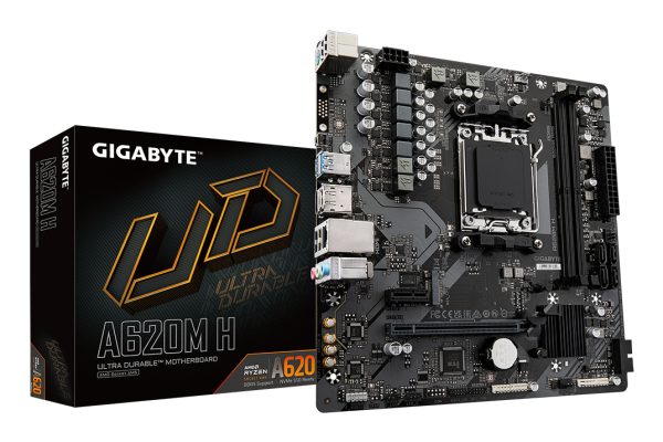 GIGABYTE A620M H Placa base - Soporta CPUs AMD Ryzen 8000, VRM digital de 5+2+2 fases, hasta 7200MHz DDR5 (OC), 1xPCIe 4.0 M.2, LAN GbE, USB 3.2 Gen 1