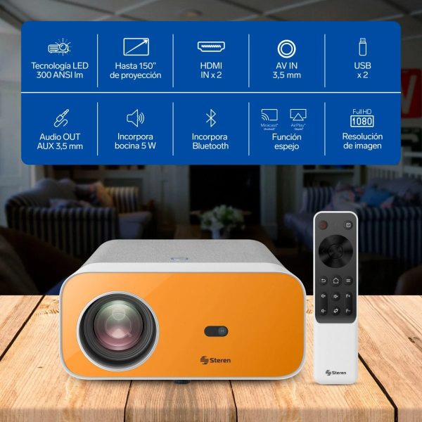Steren PRO-4000 video proyector Proyector de alcance estándar 300 lúmenes ANSI 1080p (1920x1080) Gris, Naranja, Blanco - Imagen 3