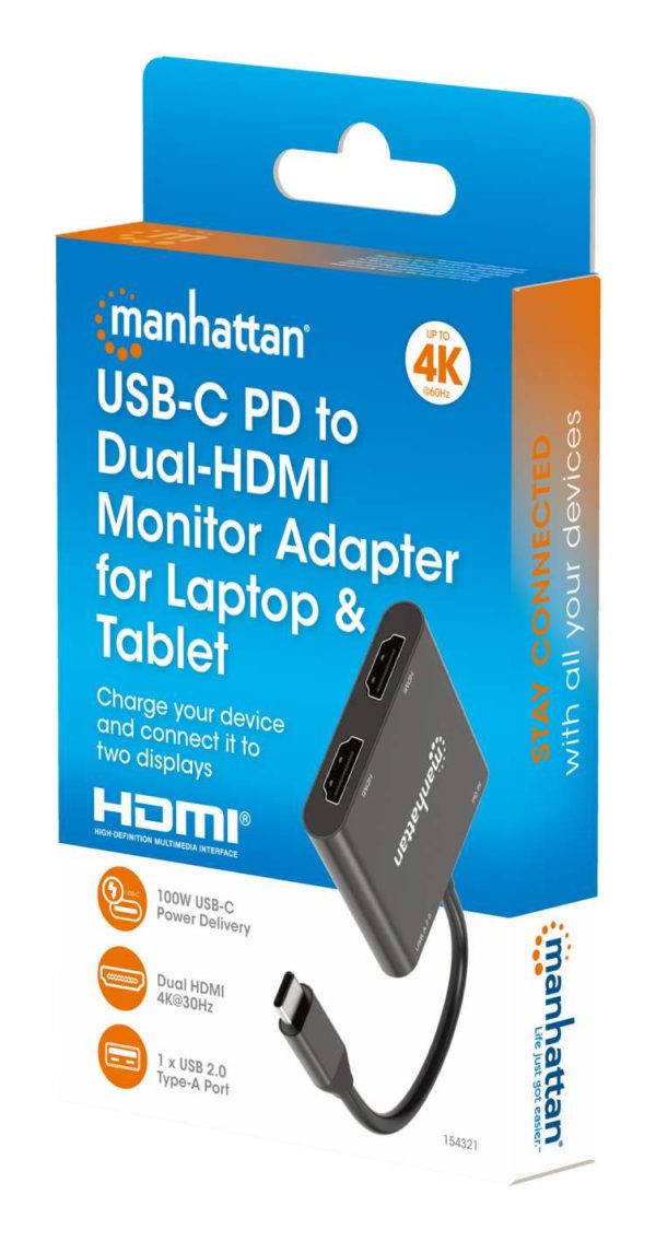Manhattan 154321 adaptador de cable de vídeo 0,15 m USB Tipo C 2 x HDMI Negro - Imagen 2